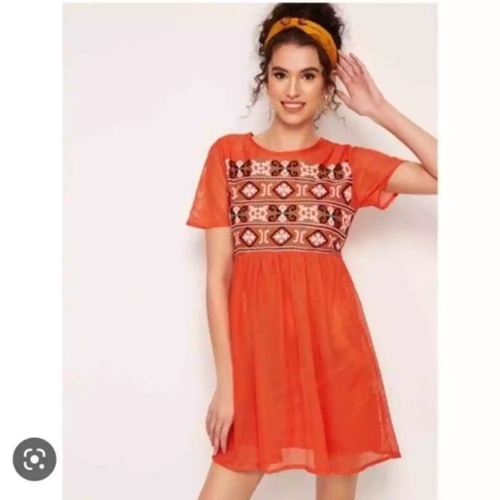 Zara Bright Orange Embroidered Mini Dress